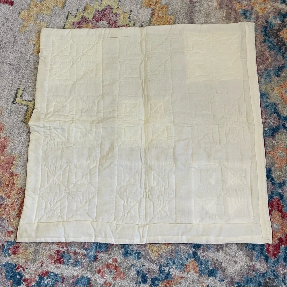 Vintage handmade quilted side table cloth 38 x 39” red floral cottage core